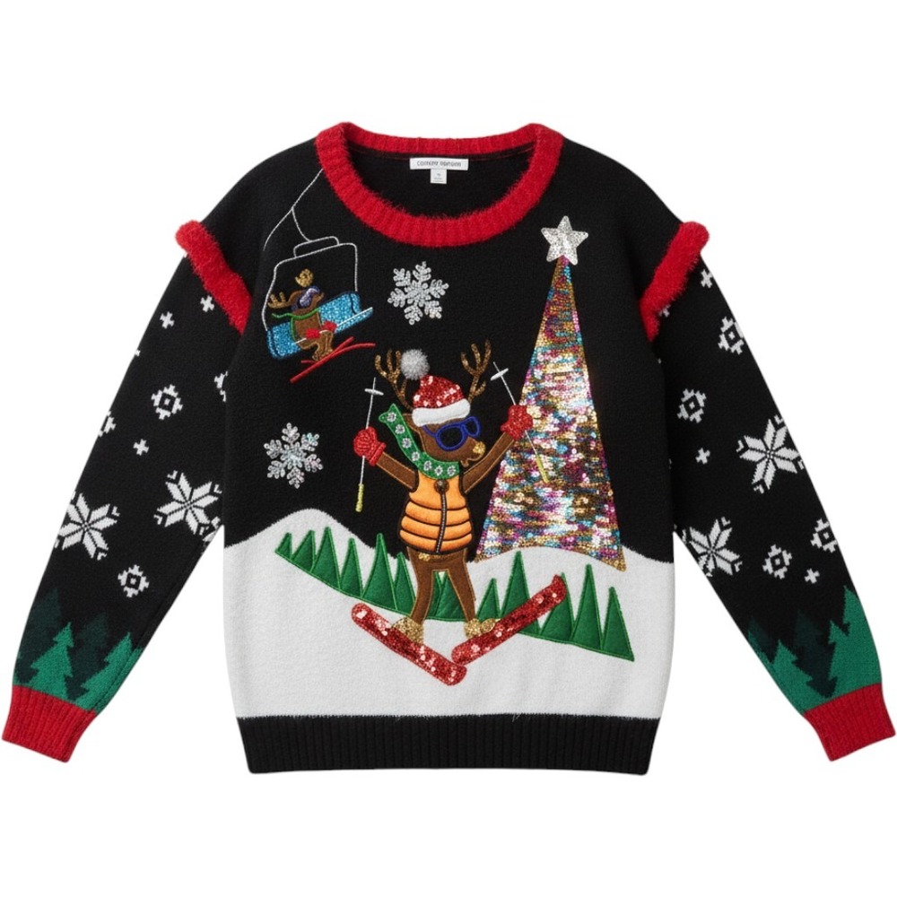 Celebrate Together Ugly Christmas Sweater Womens Medium Black Reindeer Skiing